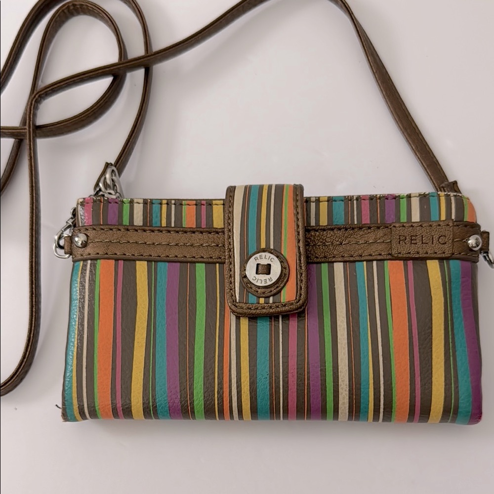 Relic Vibrant Striped Clutch/Crossbody with Brown Accents Faux Leather